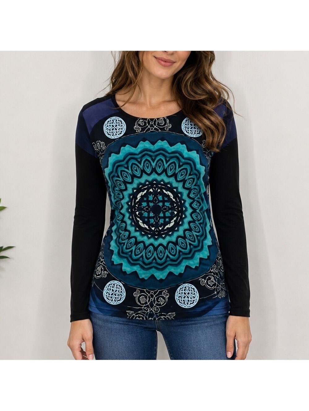 Desigual Blue Mandala Tunic Top Womens Small Artsy Art to Wear Boho Grunge